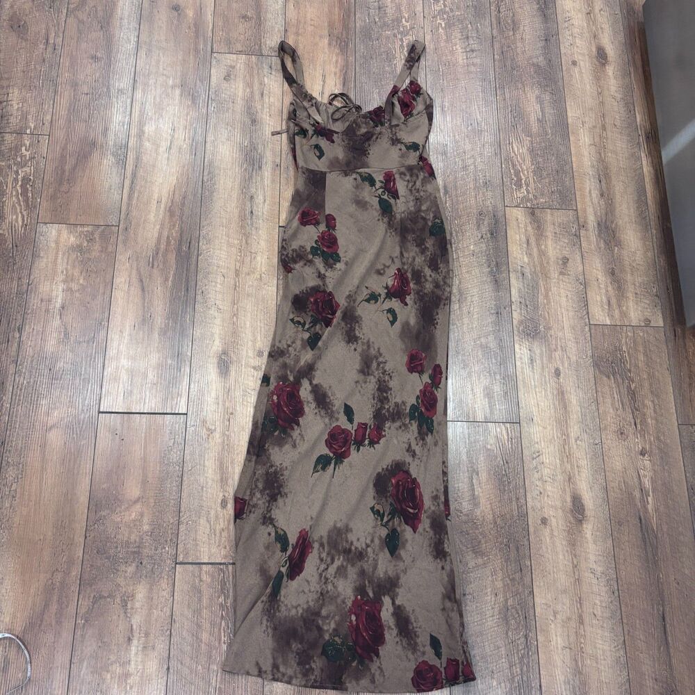 NWT Missguided Corset Bustier Rose Print Maxi Dress Thigh Split Floral Y2K Sz M - Picture 7 of 11